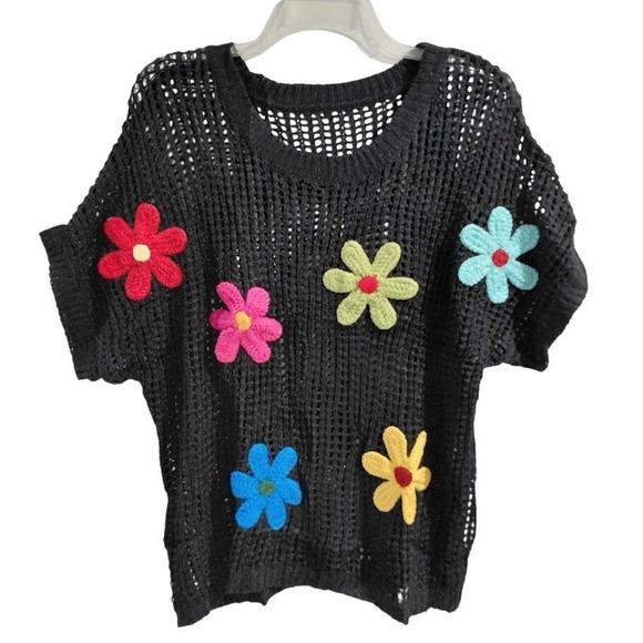 Womens Black Crochet Knit Flower Applique Short Sleeve Top XL - Picture 2 of 11